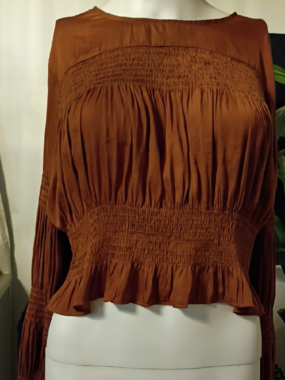 DO+BE Rust Brown Smocked Peasant Blouse